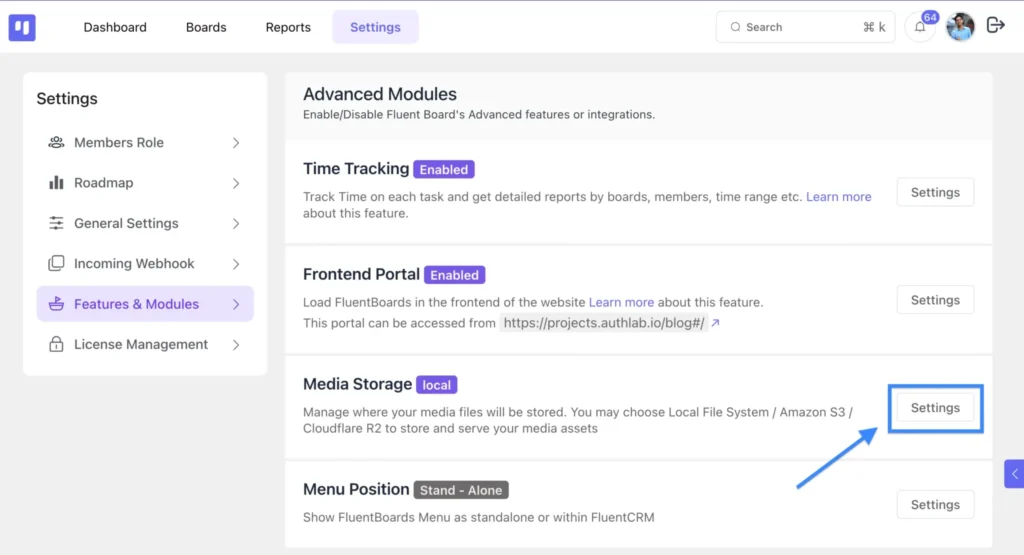 To enable these options, simply go to your settings dashboard and select “Features & Modules.” There, you’ll find an option called “Media Storage.”